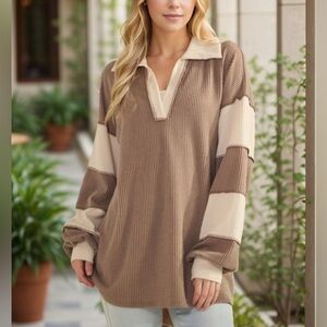Heimsih New Women's Brown and Cream Ribbed Pullover Top